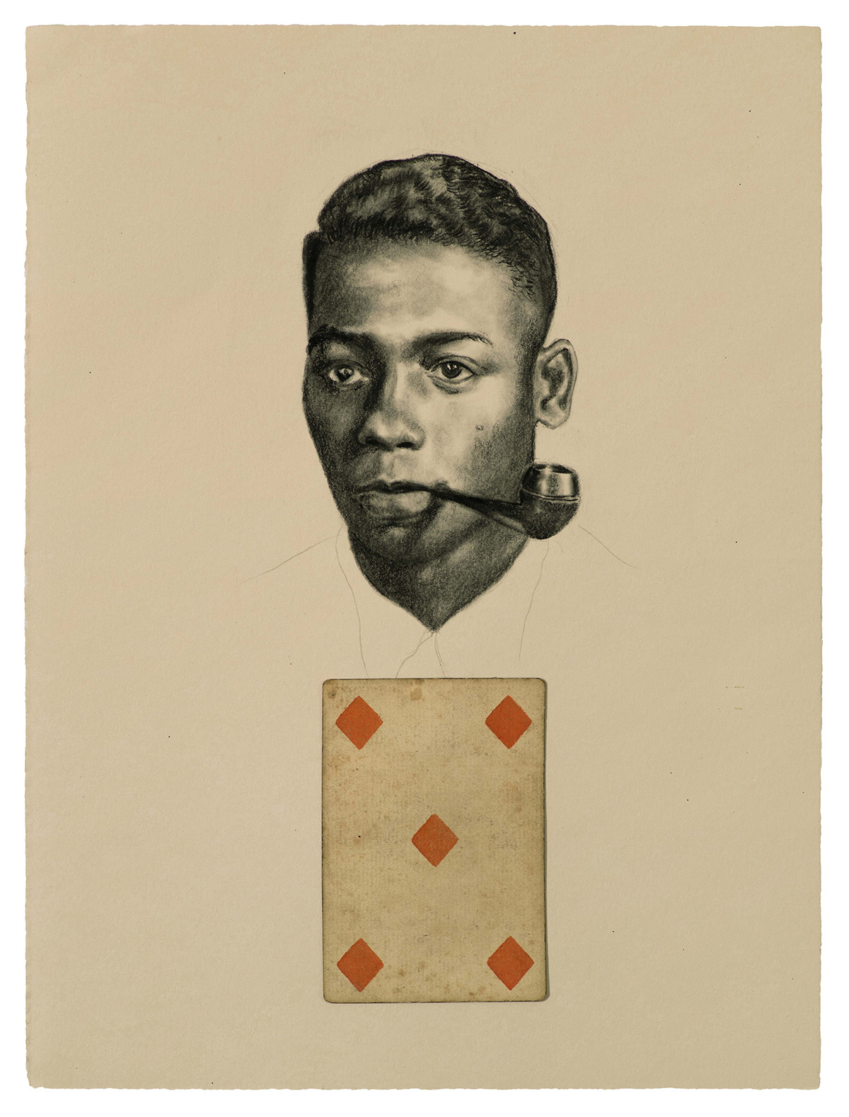 Disembodied head of a man with a pipe in his mouth. Floating beneath him is the 5 of diamonds card from a standard french deck.