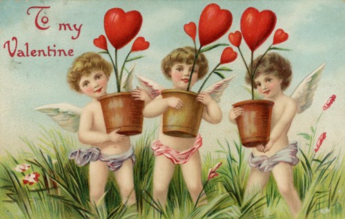 a card with three cupids holding flower pots with plants that have sprouted hearts