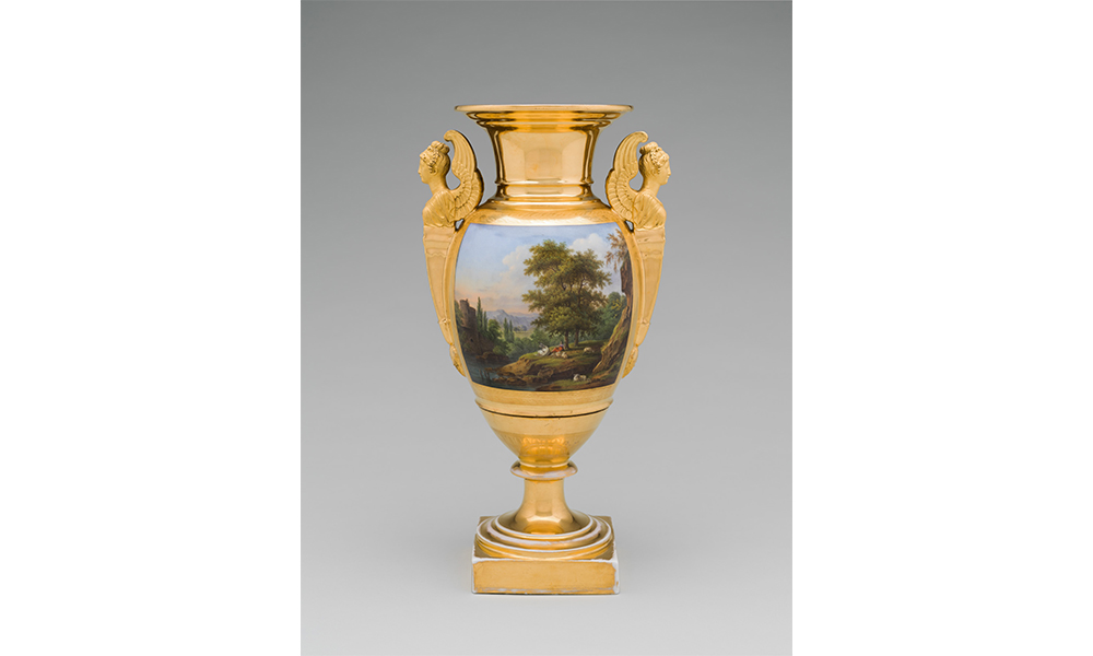 Vase, a tall porcelain vase with a square base and Valkyries for handles. The body is painted with a lush green countryside during the sunset