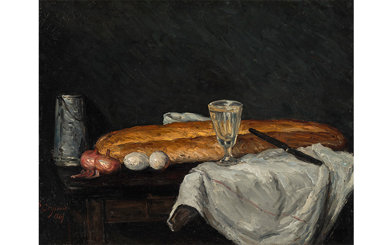 Paul Cézanne's Still Life with Bread and Eggs, painting of bread eggs, onions, a glass, a knife, and a jug laid out on a table