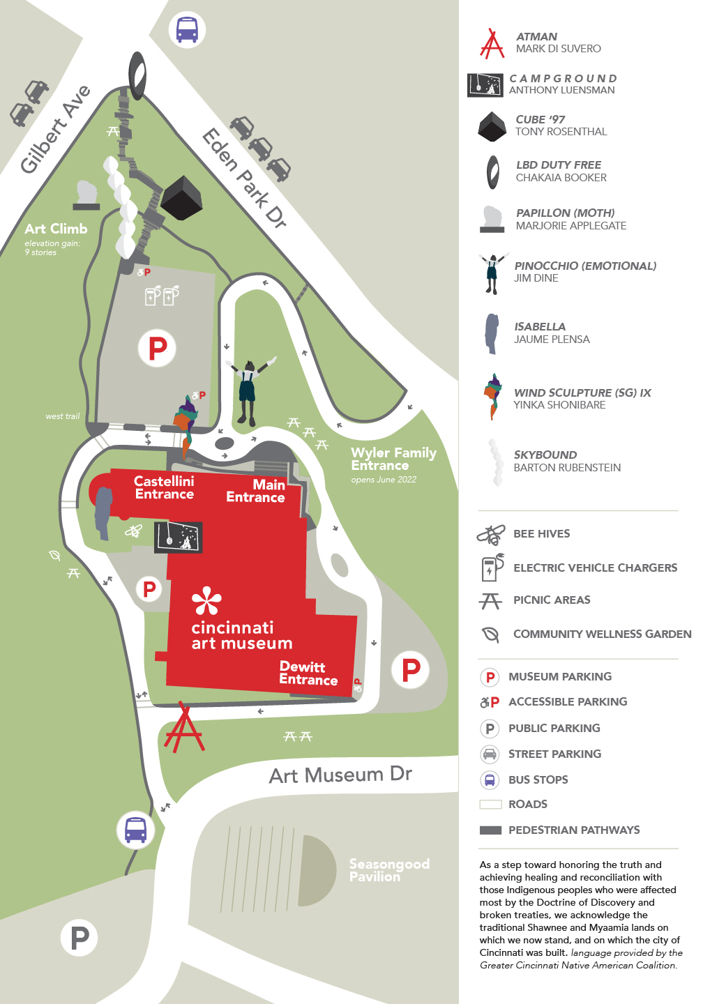 An area map of the museum, featuring entrances and parking details