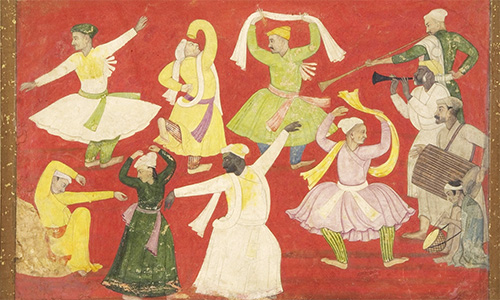 Many figures dance around in a circle on a red background