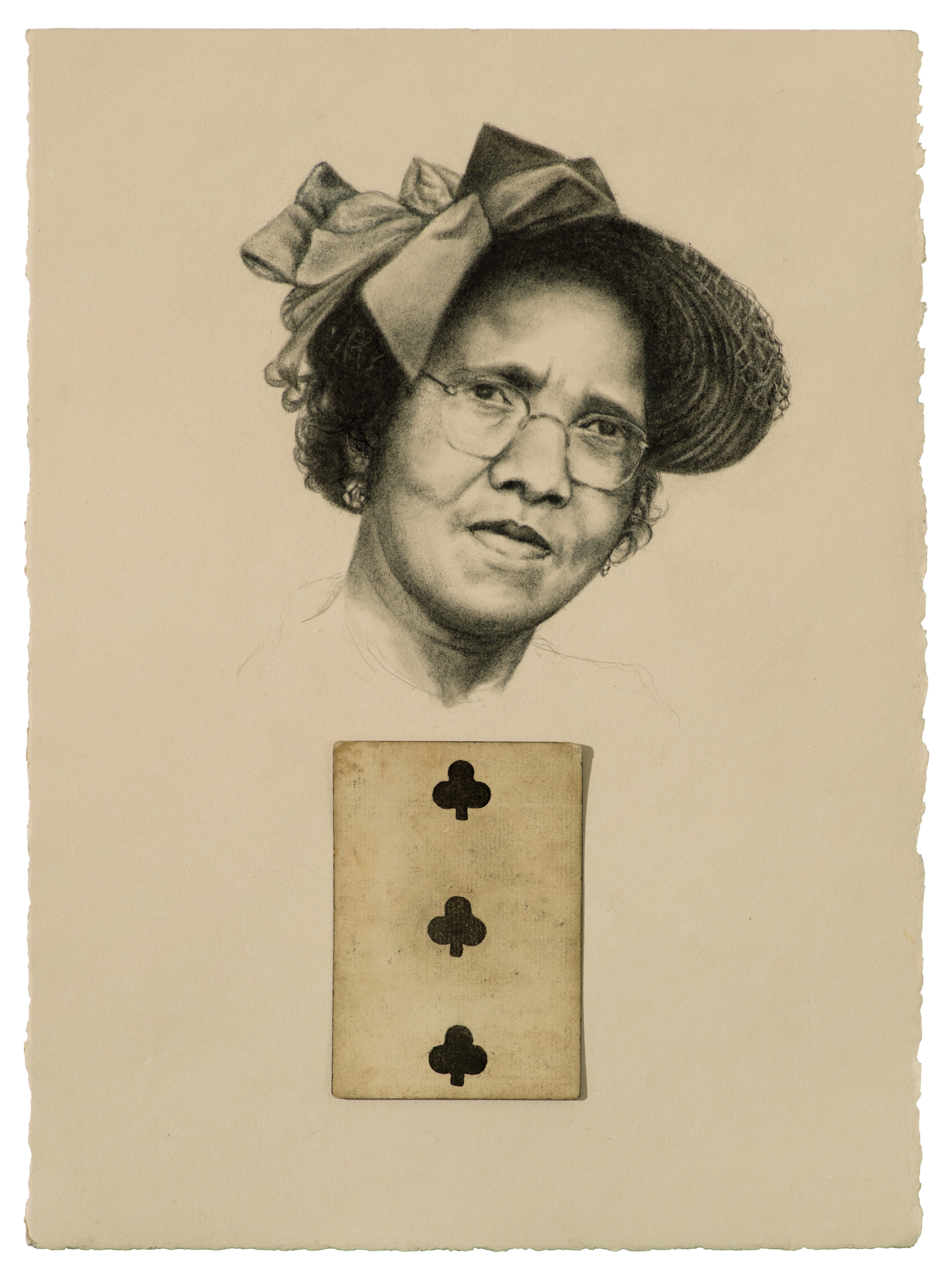 Disembodied head of a woman in an elegant hat. Beneath her floats a 3 of clubs card from a standard French deck.