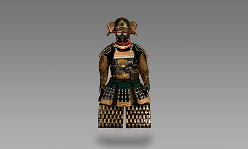 A suit of armor with helmet, chest piece, and skirt