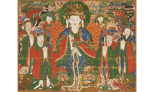A depiction of Buddha surrounded by other figures