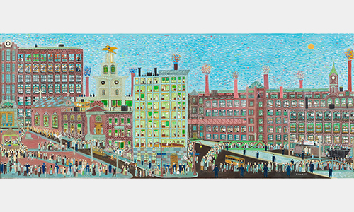 A detailed landscape featuring several city buildings and many people in the streets