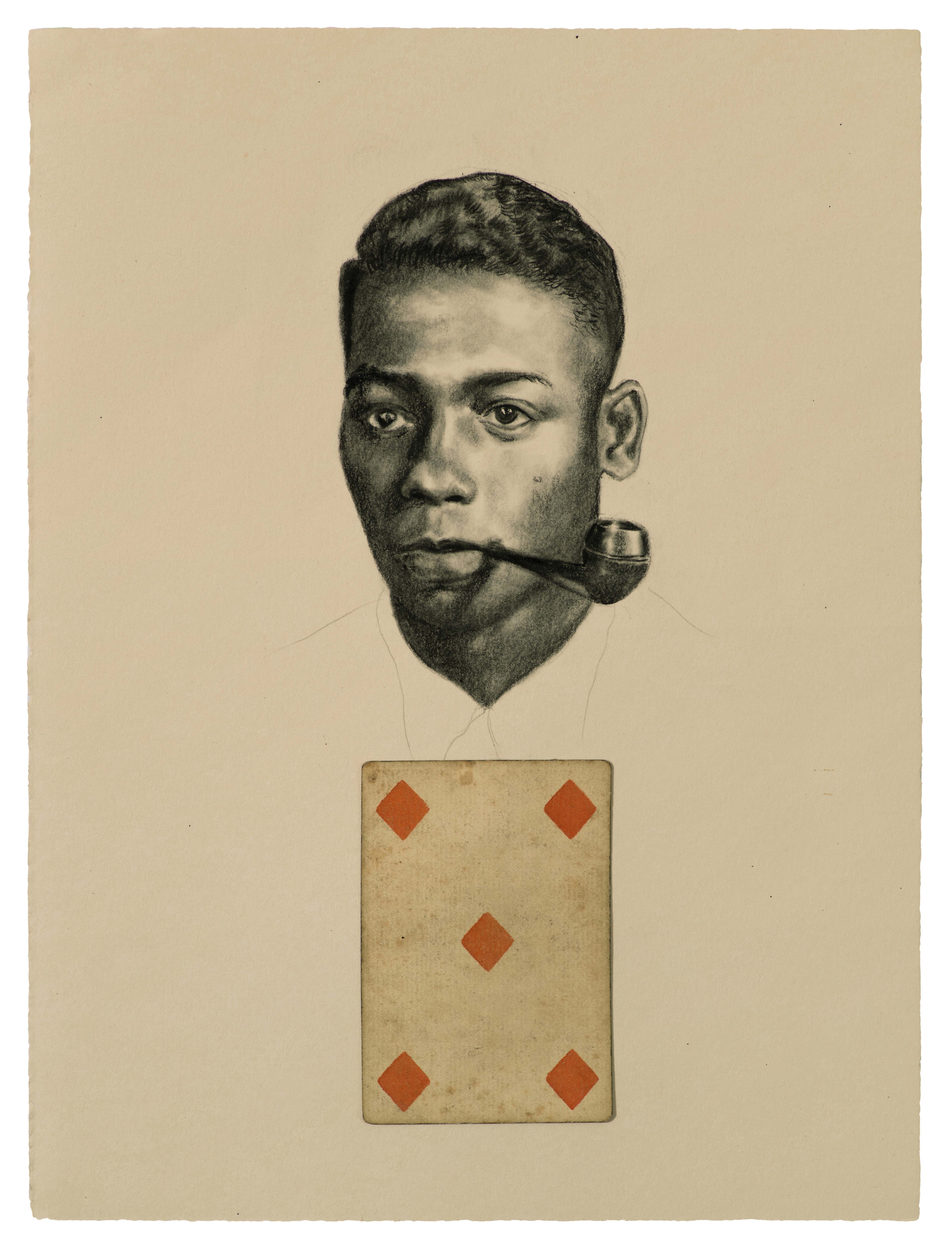 Disembodied head of a man with a pipe in his mouth. Floating beneath him is the 5 of diamonds card from a standard french deck.