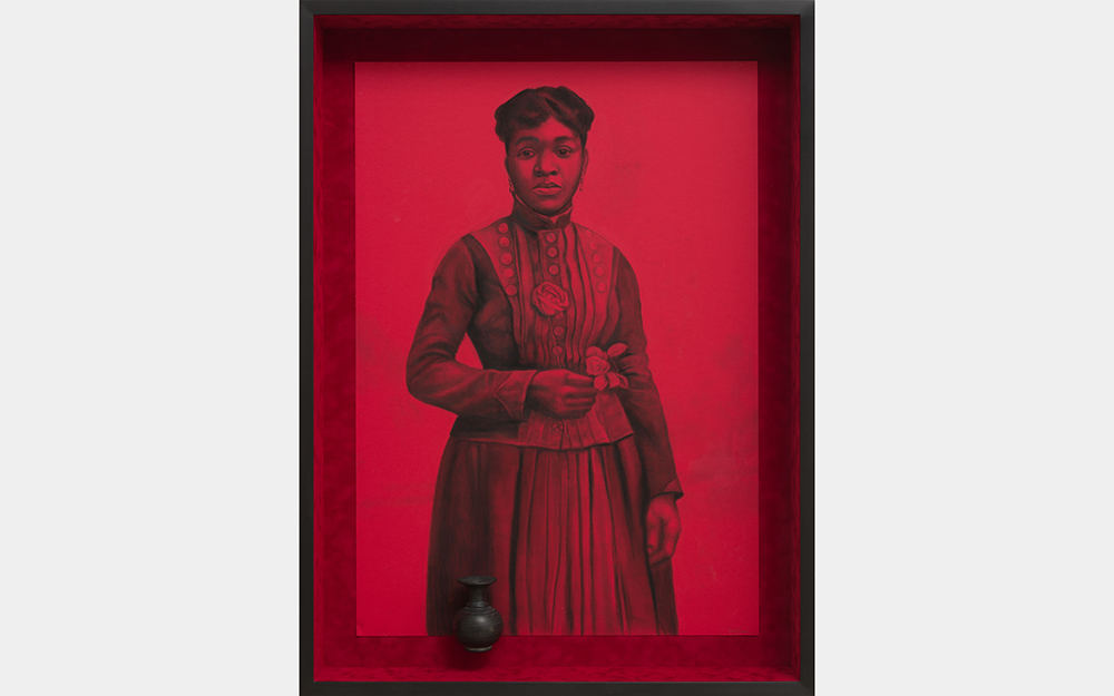 A monochromatic illustration of a woman on a red background with a dark frame. A small 3D jar floats near the bottom edge.