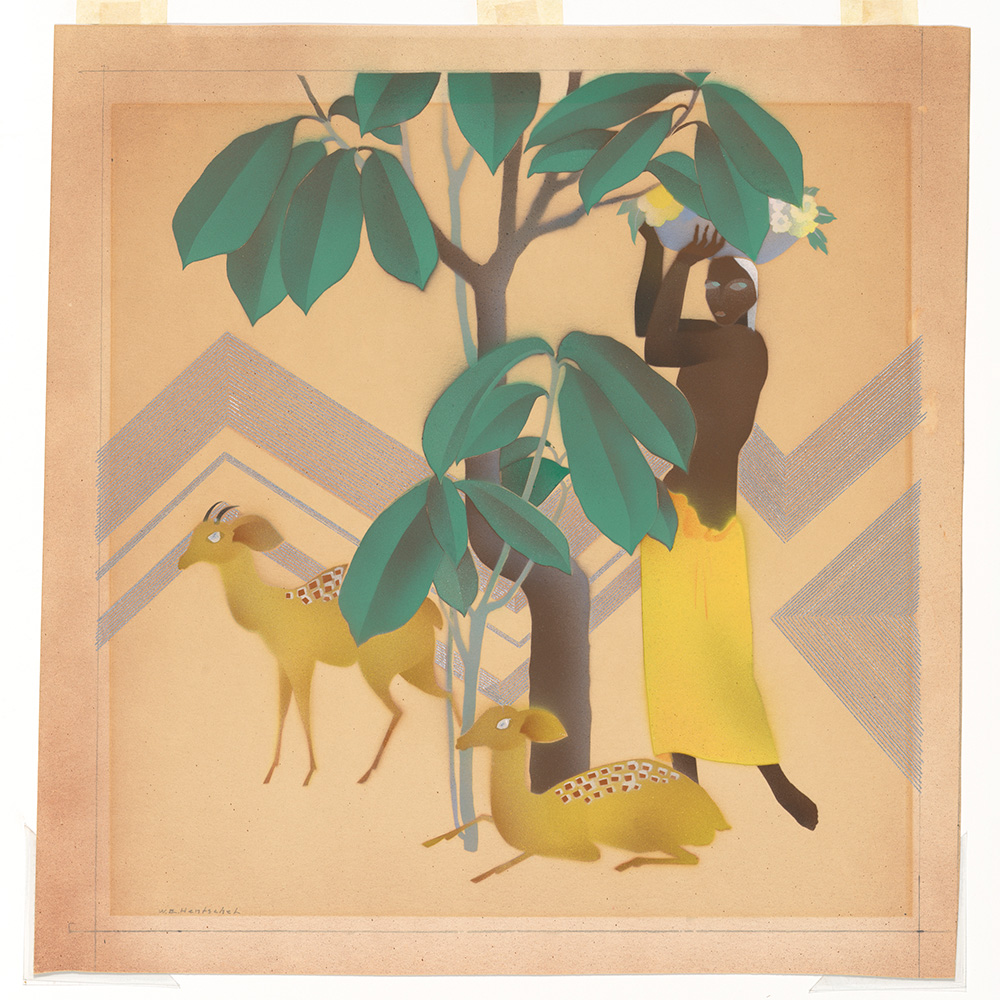 A Black woman holds a basket of flowers beside a tree and two golden-colored deer.