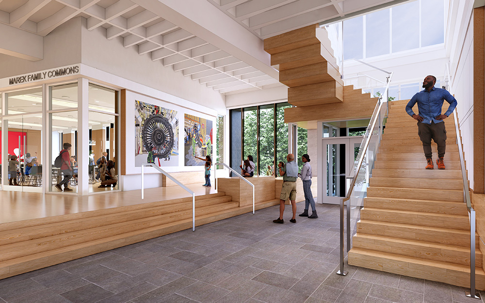 Another angle of the rendering, featuring a large wooden staircase