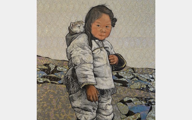 A young person wearing a white coat and carrying a small creature on their back in a rocky landscape.