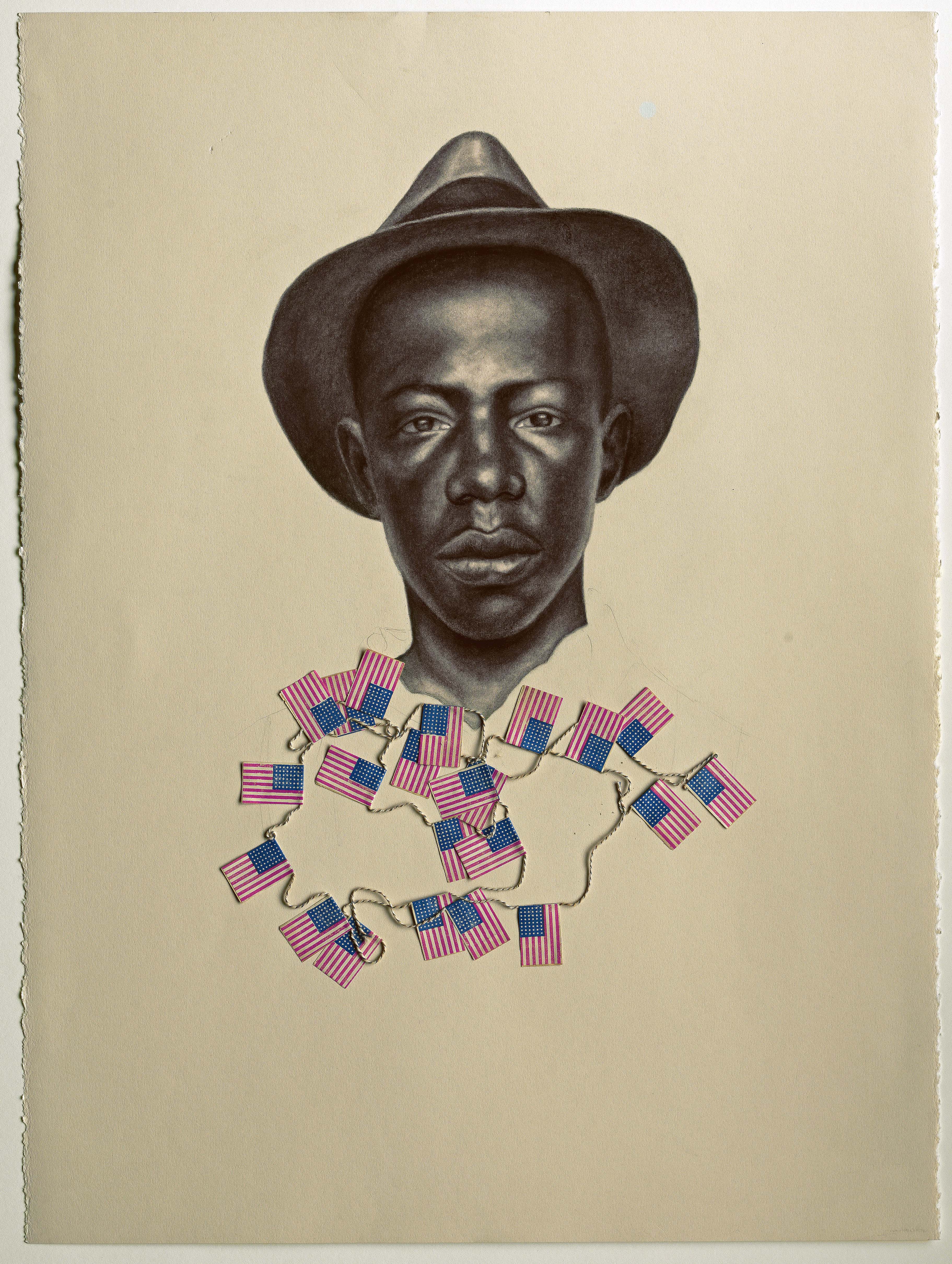 Detailed black and white portrait drawing of a Black man in a hat. A garland of paper flags is attached below this portrait.