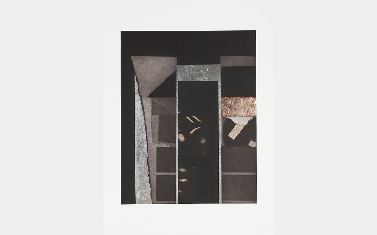 artwork with an abstract design featuring gold relief details