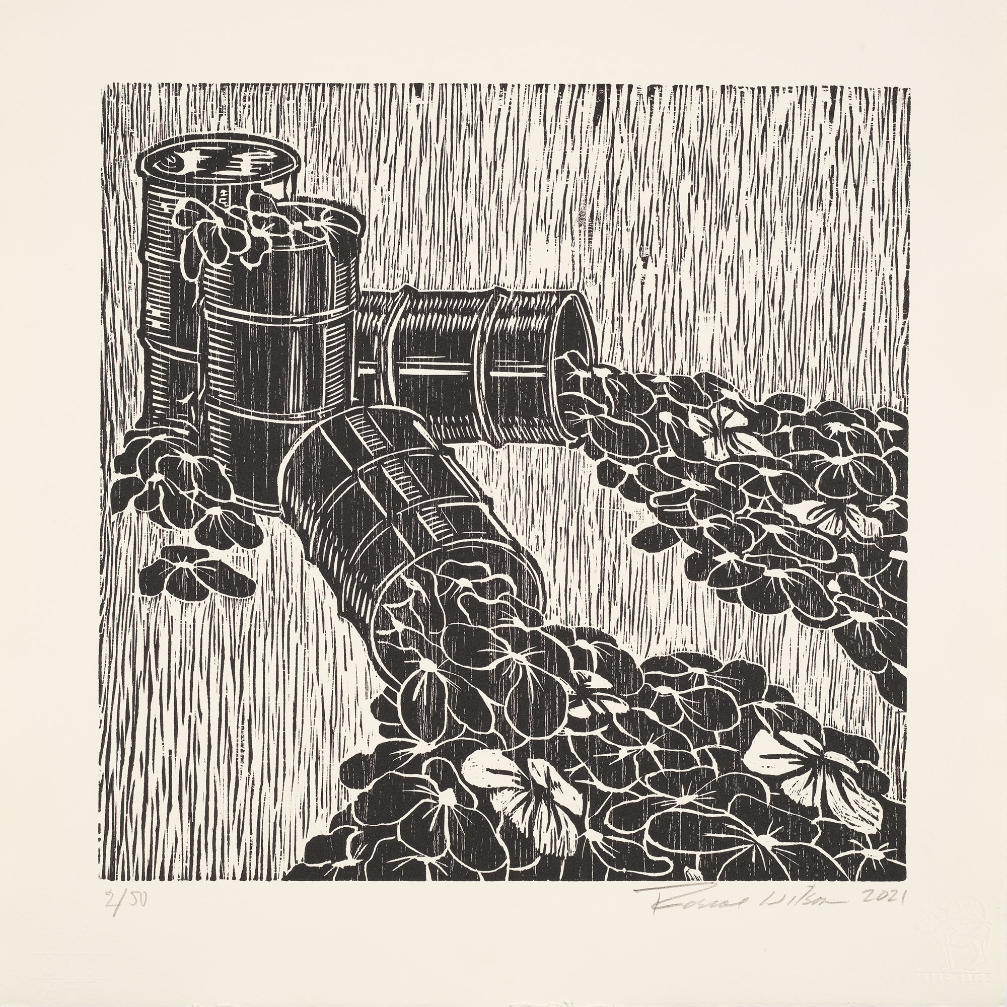 A print with dark oil barrels spilling over and leaking a stream of flowers