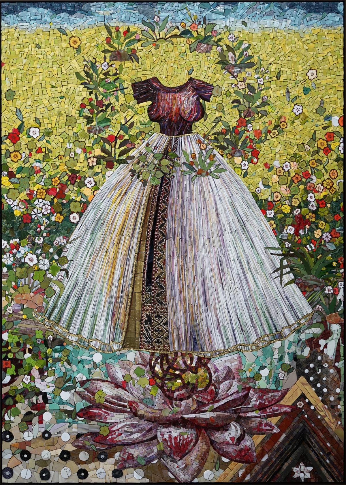 A mosaic featuring a dress surrounded by many colorful flowers and rooted in a large, open red flower