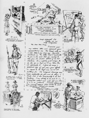 various sketches of a soldier performaing daily tasks bordering a letter