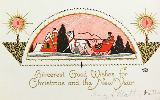 Vintage holiday card featuring a one horse open sleigh with the inscription: Sincerest Good Wishes for Christmas and the New Year