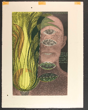 Maybelle Stamper's Plant and Head, an abstract lithograph of a head with one eye, next to a flowing plant form with three leaves in the same shape as the eye