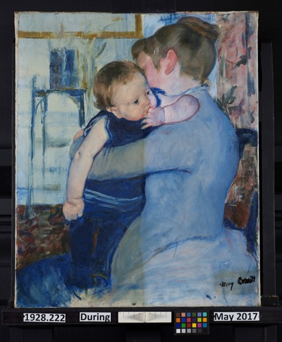 Mary Cassatt’s Baby in Dark Blue Suit halfway through cleaning