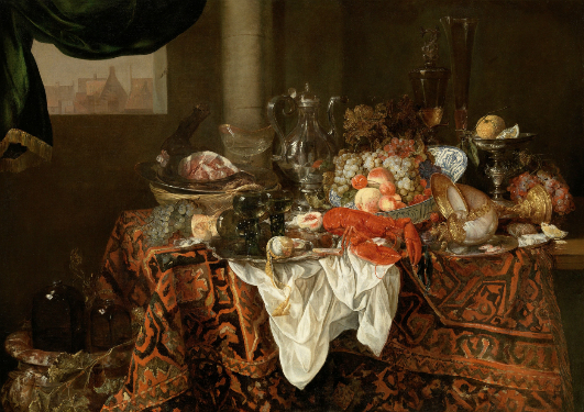 Abraham van Beyeren's Banquet Still Life, a painting of various food platters, goblets, and a silver coffee pot sitting on a table