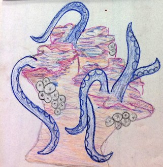 abstract drawing of blue tentacles rising out of coral