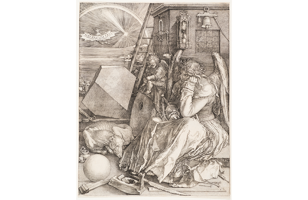 Albrecht Dürer's Melancholia I, a black and white etching of an angel sitting down in front of a building, resting her head against her left hand with a annoyed look on her face. Several carpenters tools rest at her feet. A cherub and cow are to the angel's left. Radiant light emits from a sun in the far distance