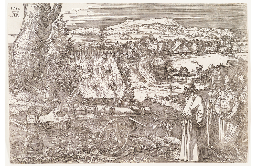 Albrecht Dürer's Landscape with the Cannon, a black and white etching of a landscape of a German town with mountains in the distance. In the foreground several men inspect a cannon pointed down hill towards the town