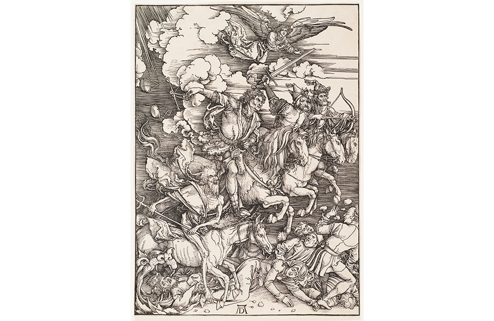 Albrecht Dürer's The Four Horsemen for the Apocalypse, an etching showing the four horsemen galloping over a group of frightened men. Radiant light beams down from the sky where an angel flies overhead.