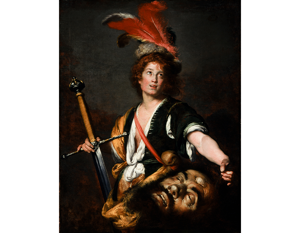 Bernardo Strozzi's David with the Head of Goliath, a painting of the biblical David wearing a fine feathered cap, holding the hilt of a claymore in his right hand, and the head of Goliath in his left. A small stone is embedded in the forehead of Gloliath