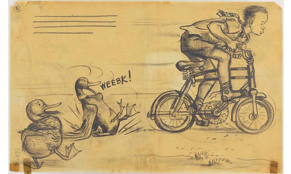 Robert McCloskey's Illustration for Make Way for Ducklings, a schoolboy quickly rides his bike past two frightened ducks