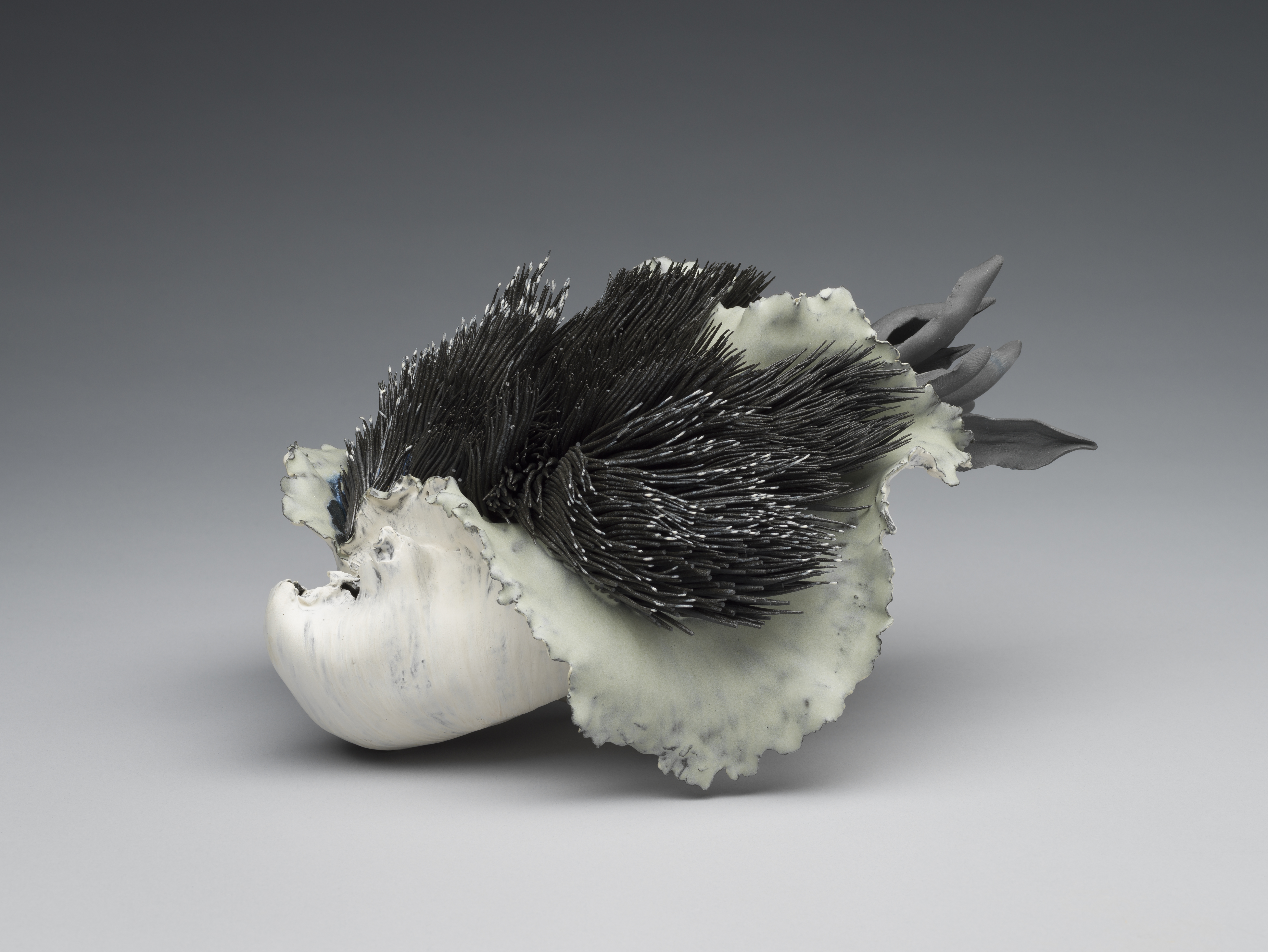Shingu Sayaka's Flower Sculpture, a glazed sculpture of flowing white petals surrounding hundreds of black, coral like stems seemingly blowing in the wind