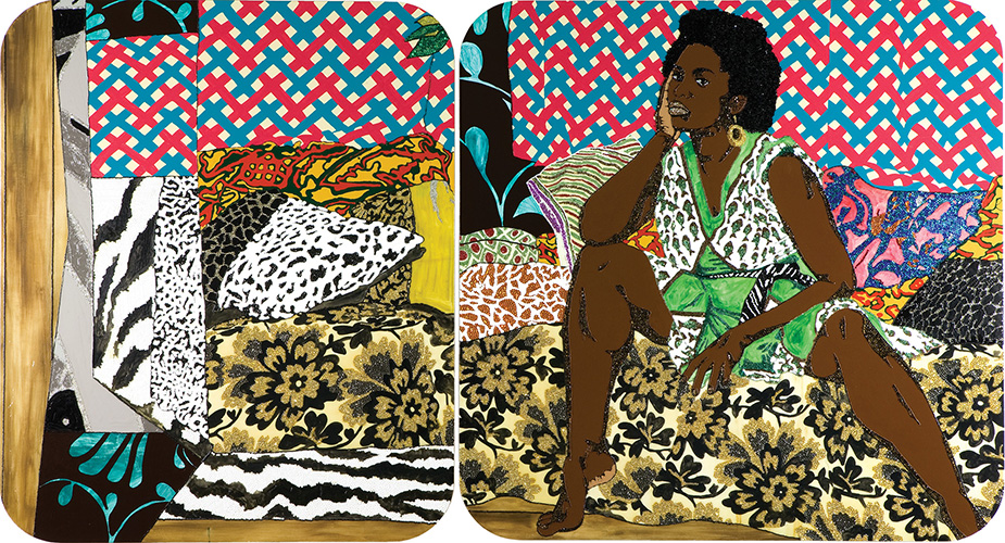 Mickalene Thomas' Baby I Am Ready Now, an African American woman sits on a floral print couch resting her head on her right hand, surrounded by several pillows of varying animal and floral prints.  