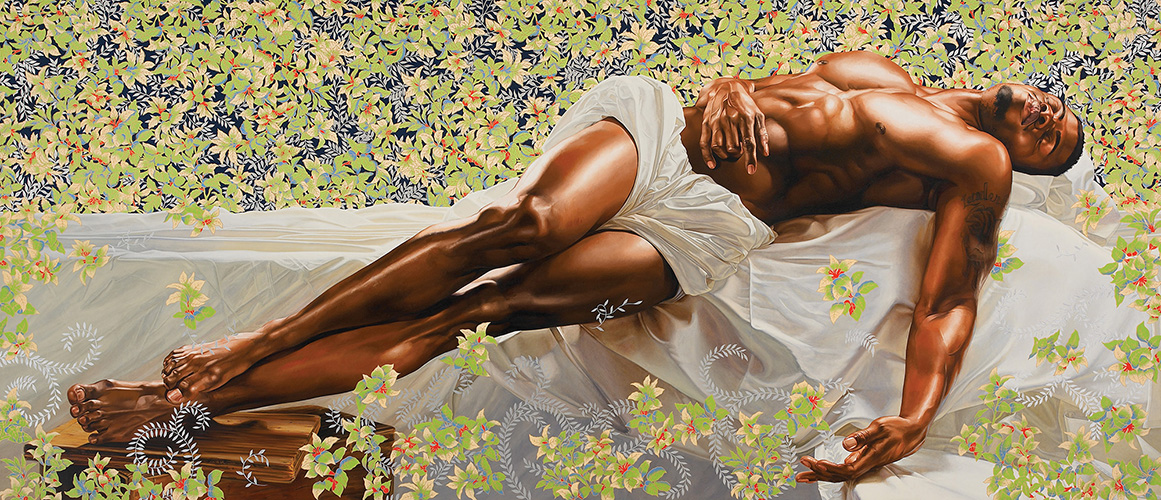 Kehinde Wiley's Sleep, a rectangular painting of an muscular African American man sleeping on a white, silk bead, only covered at the waist by  a sheet. He he surrounded by densely packed green leaves with small red berries.