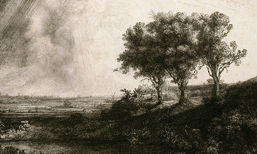 black and white etching of a countryside scene with three trees