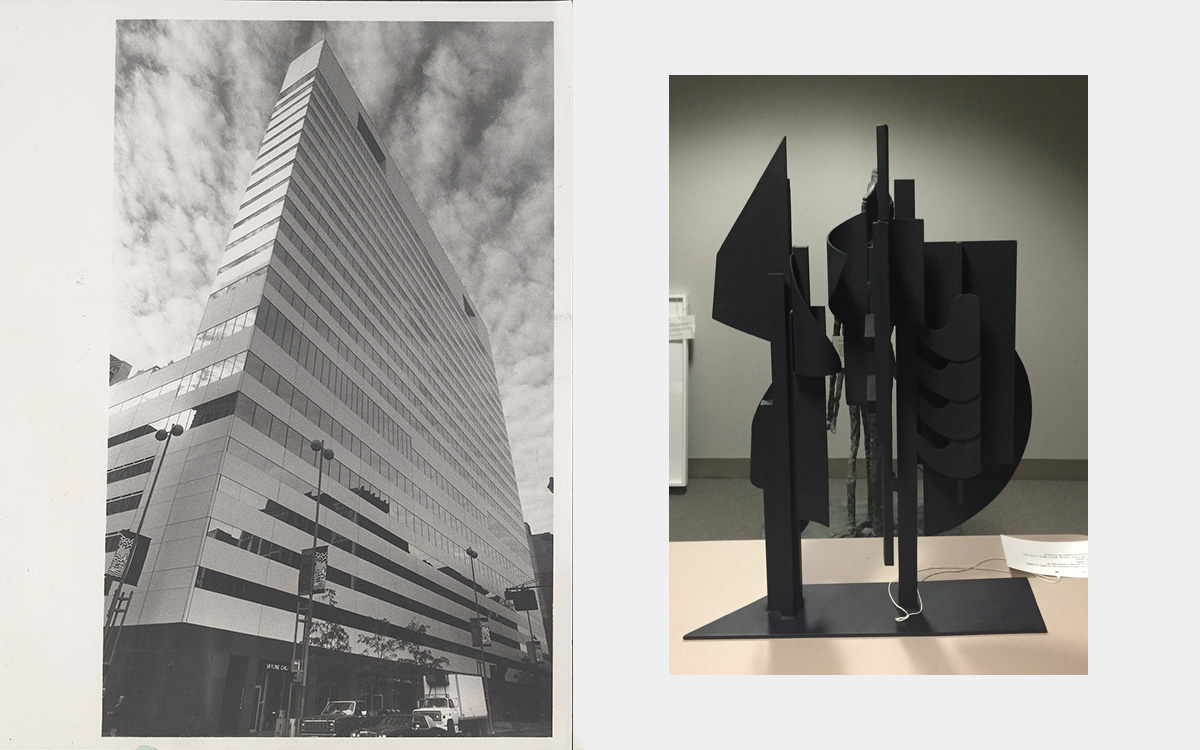 Black and white photo of a skyscraper and color photo of a sculpture maquette sitting on a table.