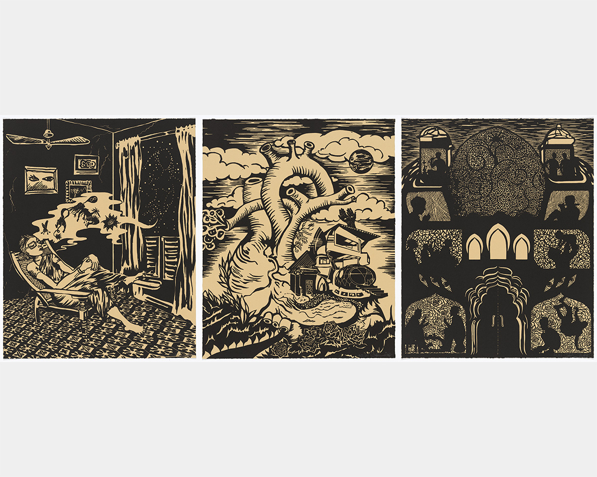 Three monochrome prints depicting a woman resting, a massive heart with a house inside, and a tree-like building with silhouettes of people