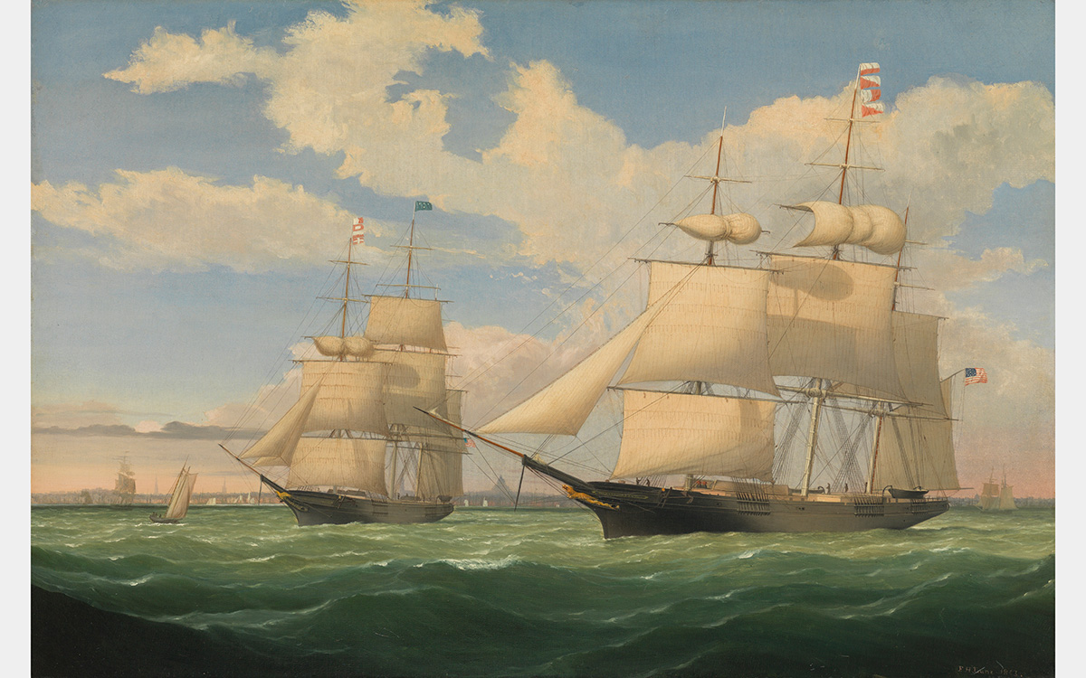 Sailing ships on a green sea with a blue sky and clouds in the background.