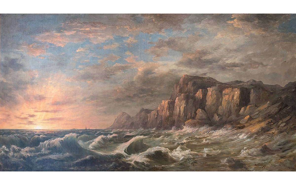 Painting of waves against stone cliffs with setting sun in the background.