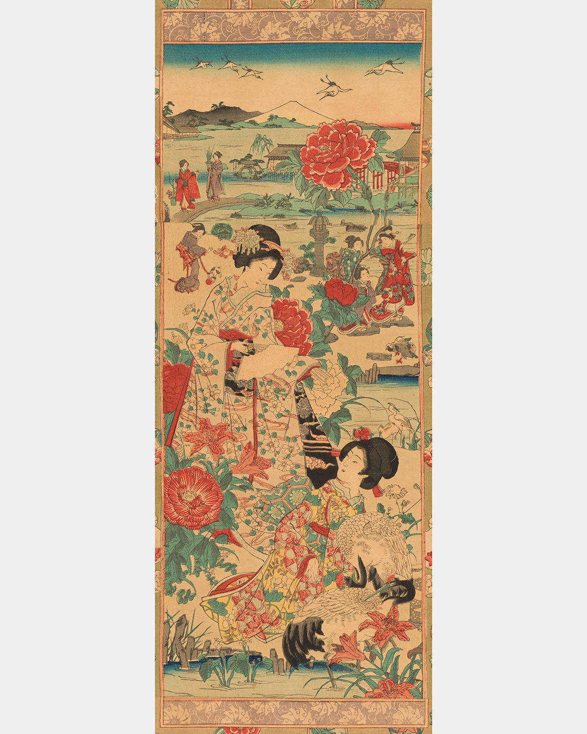 a scroll depicting two Asian people in ornate kimonos looking longingly at each other, surrounded by a flowering, mountainous landscape