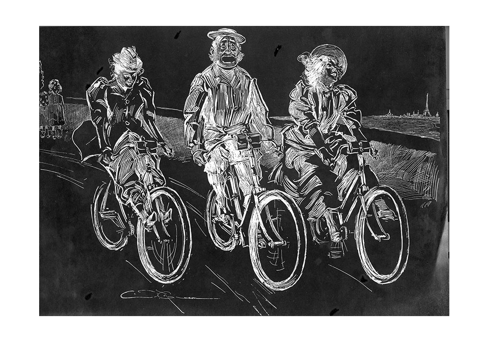 etching of two women and a man riding bicycles
