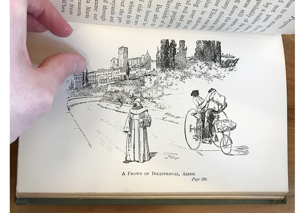 page from Two Pilgrims' Progress with an illustration of the couple riding past a monk