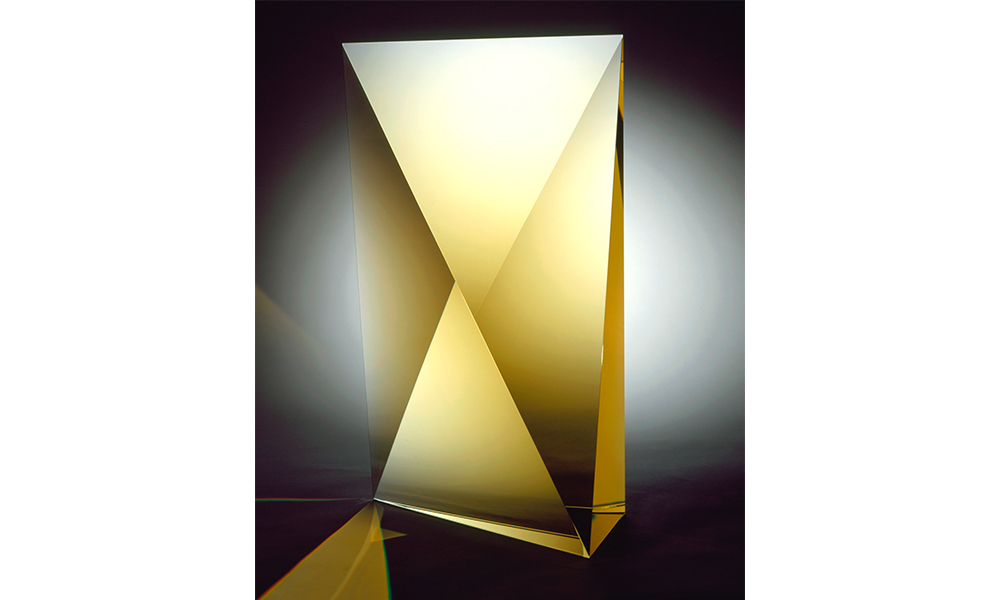 Christopher Ries' Topaz, a yellow gradient, glass rectangular box divided into four uneven triangles on one side