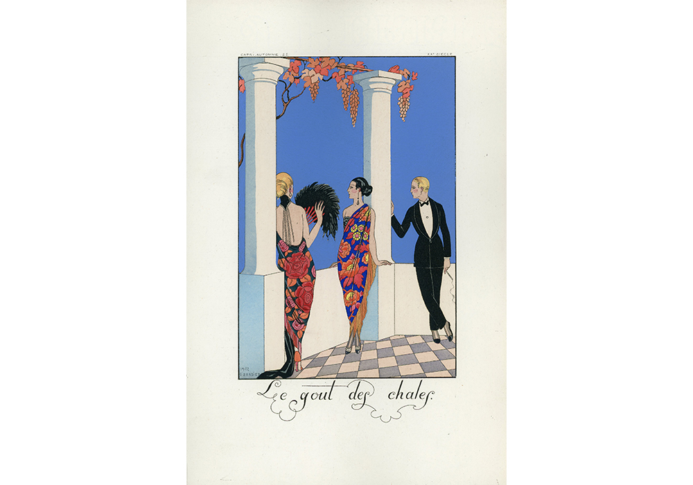 illustration of two women in elegant dresses standing between two pillars and a man in a suit