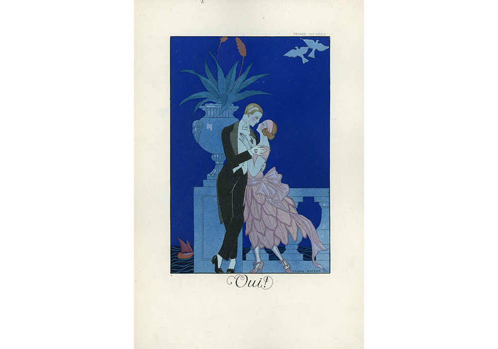 illustration of a man and a woman in fine clothes about to kiss at night time