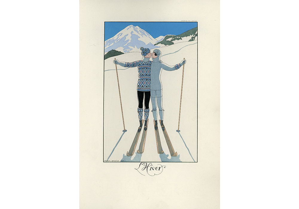 illustration of a man and a woman on skis, kissing in front of a mountain
