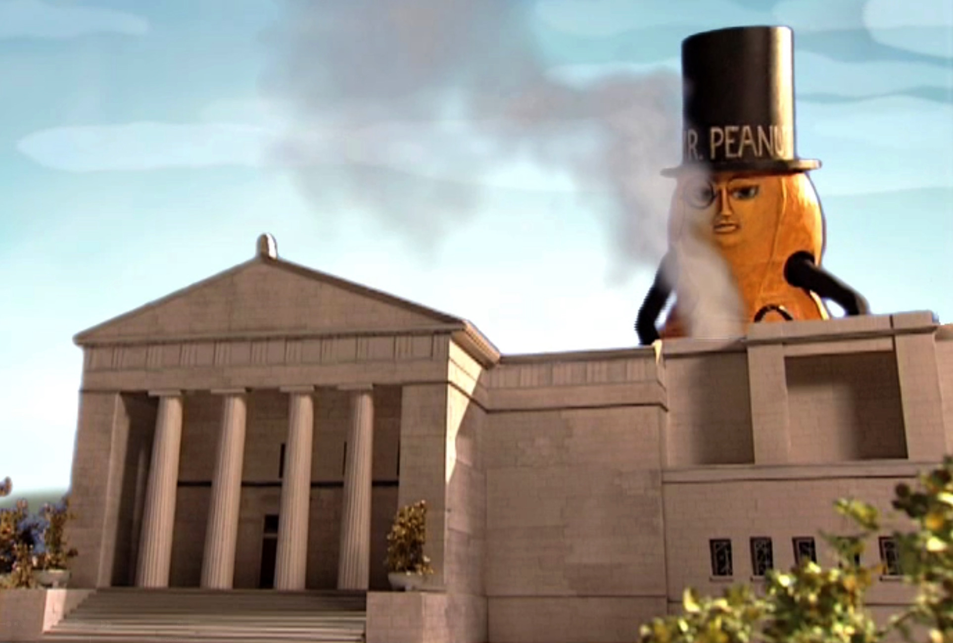 Still image from the short film Nutzilla, a giant Mr. Peanut looms over the Cincinnati Art Museum