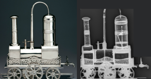 silver train engine coffee maker and x-ray