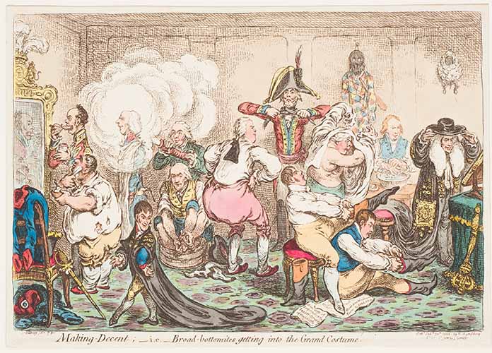 James Gillray's Making Decent, a colonial political cartoon of men getting dressed in fine clothes