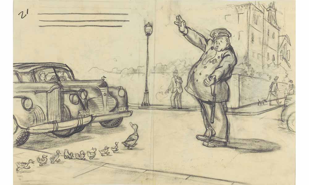 Robert McCloskey's Illustration for Make Way for Ducklings, a crossing guard instructs two cars to halt to allow a mother duck and her ducklings to cross the city street