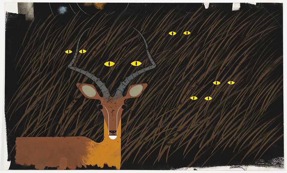 Charley Harper's Gazelle in the Grass (Nighttime), a stylized gazelle stands in front of backdrop made of brown strands of grass. Glowing yellow eyes peer through the grass